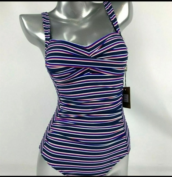 Black striped tummy control one piece swimsuit - Picture 4 of 10
